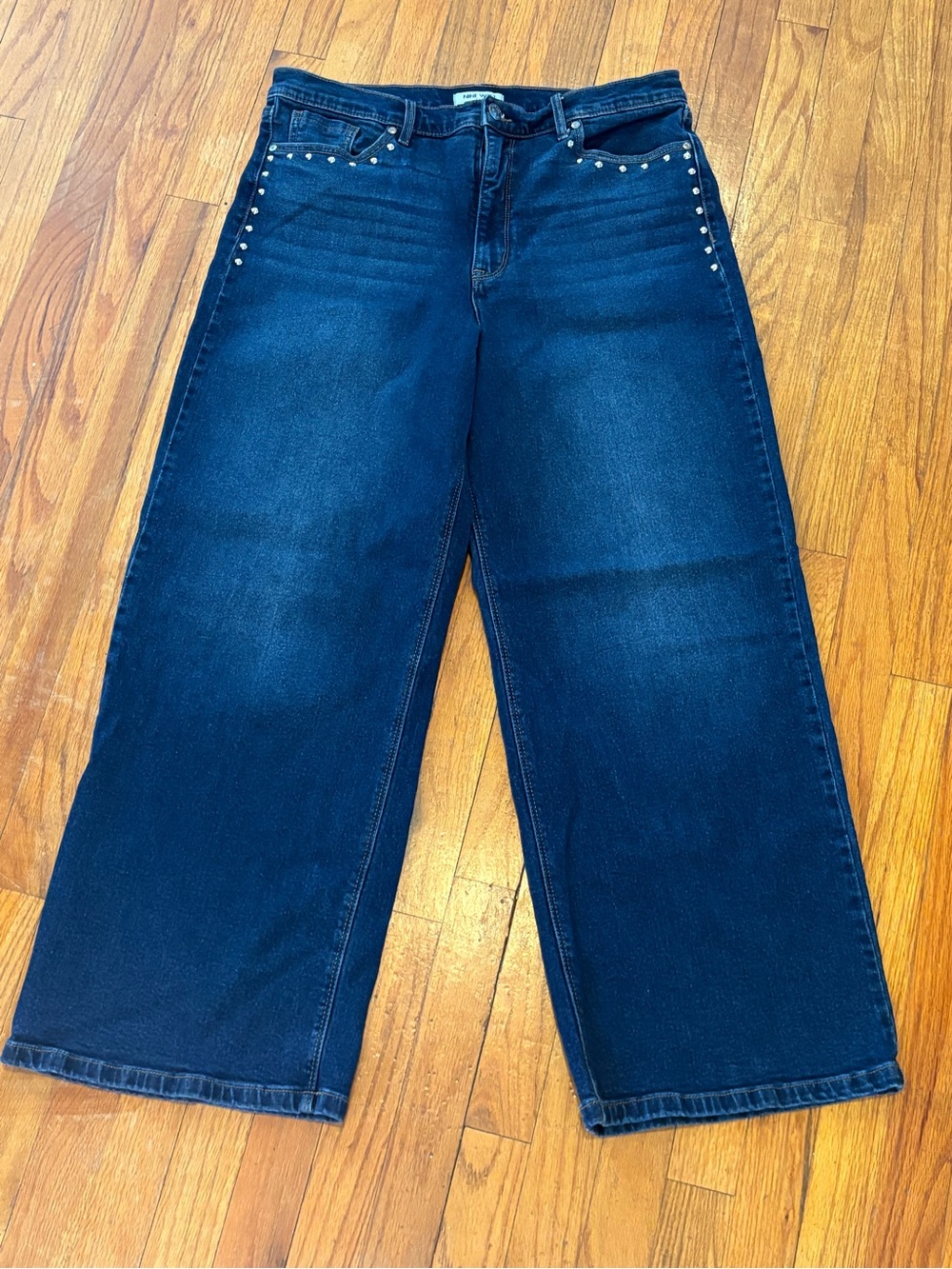 Nine West Women’s Dark Blue Wide-Leg Jeans with Stud Accents 14